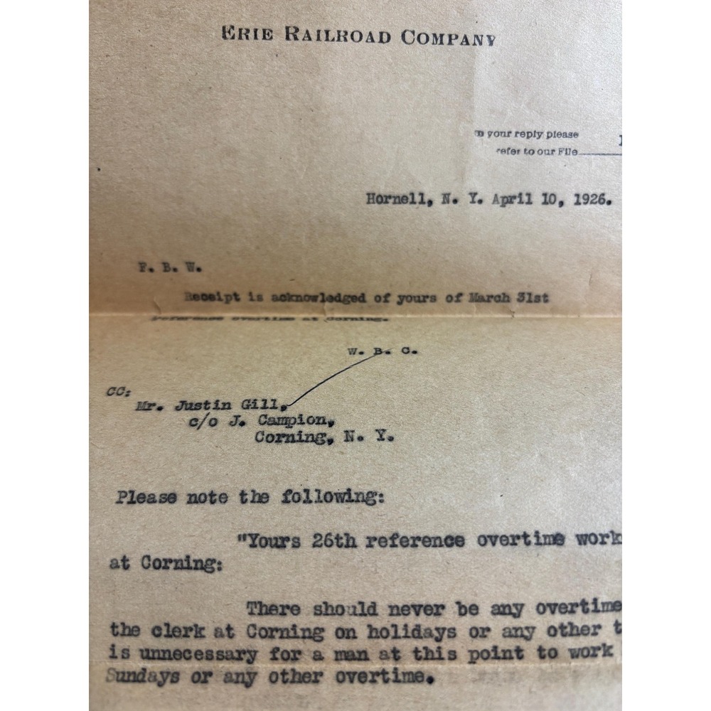 Erie Railroad Company letter and envelope 1920s Upstate NY